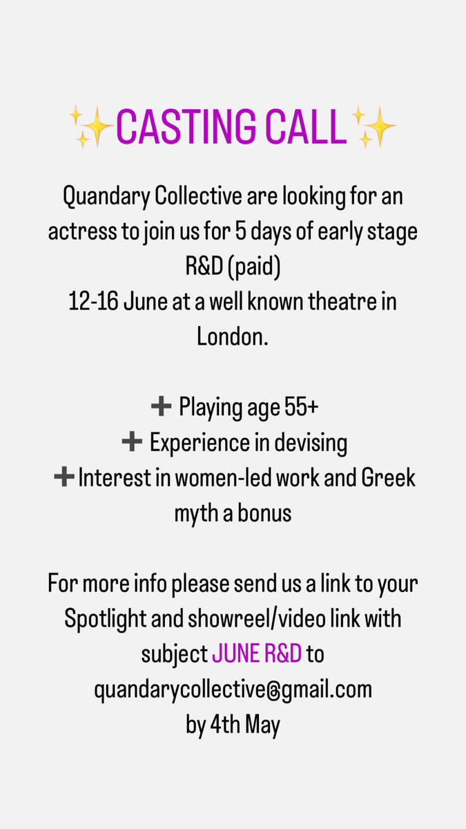 #CastingCall 

We are looking for an actress (playing age 55+) to join us for 5 days of early stage R&amp;D (paid).

Details below 👇