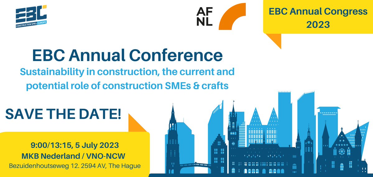 📢SAVE THE DATE!

EBC is pleased to invite you to its Public Conference “Sustainability in #construction, the current &amp; potential role of construction #SMEs &amp; crafts” as part of its 2023 Congress

🗓️05 July 2023

📌The Hague 🇳🇱 &amp; Online

More info ➡️bit.ly/423OEyy