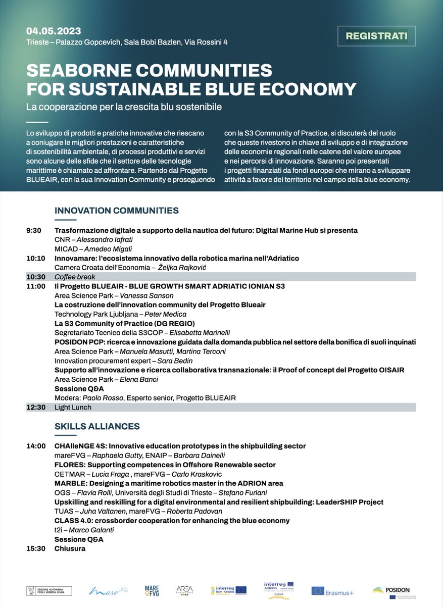 interregclass40's tweet photo. 📣 4 May 2023 in Trieste
SEABORNE COMMUNITIES FOR SUSTAINABLE BLUE ECONOMY: an event focused on #cooperation for sustainable #BlueGrowth for innovative products and practices
👉 Discover more on: https://t.co/qVxwfD5LWI
@IDAPula @InformestEU @t2iscarl @UniTrieste @unioncamereVEN https://t.co/EoRU29PTDu