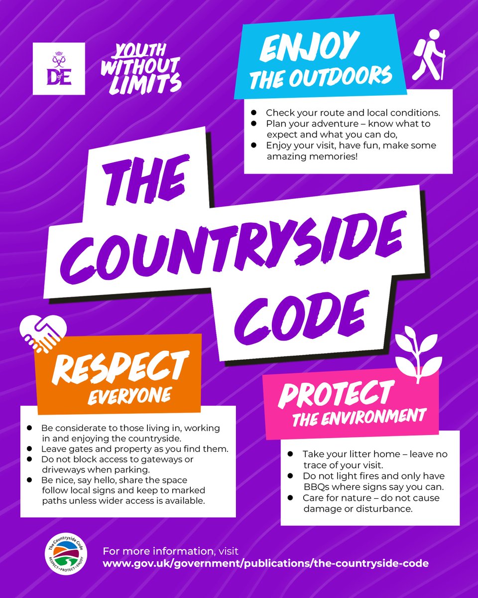 Respect 🤛 Protect 🛡️ Enjoy 🙌 When heading out on your DofE expedition this season it's important to protect the countryside for others, as well as future generations. Take a screenshot of this handy guide if you ever need a refresh whilst out and about 🌄