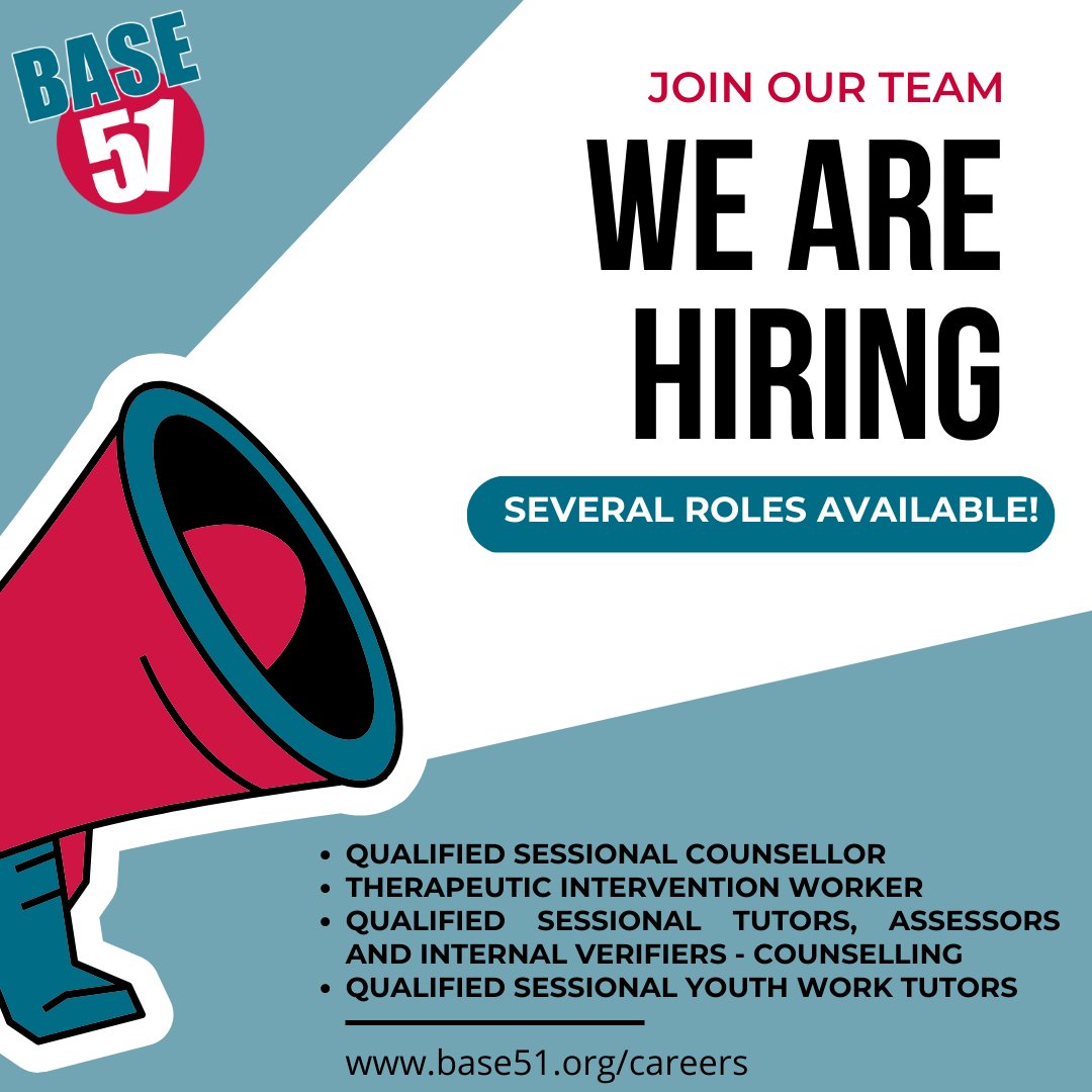 Base 51 is #hiring for various roles in #Nottingham!

Find out more: base51.org/careers

#counsellingjobs #counselling #tutors #nottinghamjobs #eastmidlandsjobs #charityjobs