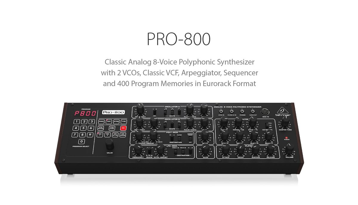 Behringer's tweet photo. PRO-800
🔗https://t.co/4O0UfOU50o

A classic analog 8-voice polyphonic synthesizer with 2 VCOs, 1 VCF, an arpeggiator and sequencer. 

List price: $399 (in stock and immediately shipping from our factory)

#WeHearYou #Behringer #MusicTribe #synthesizer #Eurorack #Analog  #PRO800 https://t.co/pxCcsK6RLX