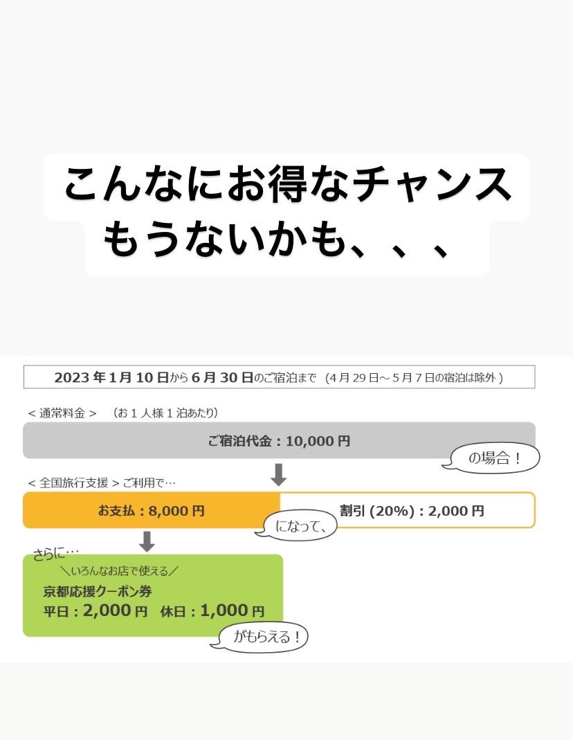 ResiStay's tweet photo. 【速報】5月8日（月）から、新型コロナウイルスワクチン接種・陰性証明なしでも全国旅行支援が適用可能となります！

全国旅行支援は、6月30日（金）あるいは配分予算がなくなり次第、予約受付終了となります！

こんなお得なチャンス、もうないかも、、、
今すぐご予約!
https://t.co/7kXHLO3kvH https://t.co/OOFerCKGJq