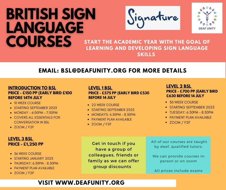 deafunity's tweet photo. Today is National BSL Day - the first ever! Take the leap now and join one of our courses to start or progress your BSL journey #bslnationalday #bsl #britishsignlanguage #signlanguageweek2023 https://t.co/KwCz7FoqaC https://t.co/7zVZo5qgKW