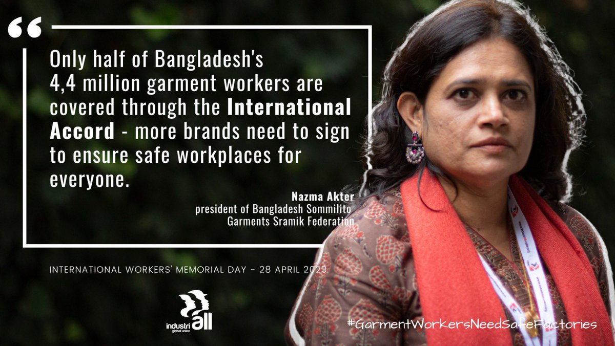 On World Day for Safety & Health at work, Only half of BD's 4.4 million garment workers are covered by  ACCORD- more brands need to sign to ensure safe workplaces for everyone. ACCORD needs to be extended for 5 more years.#iwmd23
#garmentworkersneedsafefactories
@IndustriALL_GU