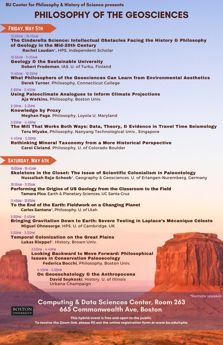 🌋Join us next week for fantastic lineup of speakers at our @BUCPHS Colloquium on PHILOSOPHY OF THE GEOSCIENCES held Friday May 5th & Saturday May 6th, 10am - 5:30. Event will be hybrid w/ in person @BU_Tweets & via Zoom. Register now for free at link bu.edu/cphs 🌏