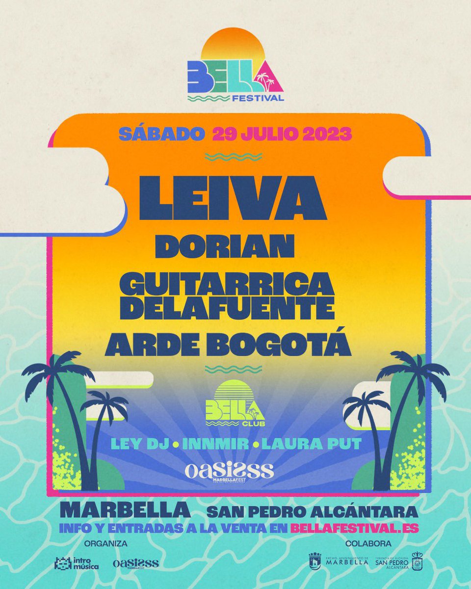 ¡¡BELLA FESTIVAL 2023!! 🌞🕶️🎶

El mejor festival Indie de la Costa del Sol 😍

Con los mejores artistas de la escena independiente <a href="/Leiva_Oficial/">Leiva Oficial</a> <a href="/Dorian_Oficial/">Dorian</a> @GuitarricaDLF <a href="/arde_bogota/">ARDE BOGOTÁ</a> <a href="/Ley_dj/">Ley</a> <a href="/innmirdj/">Innmir</a> @lauraput  🤘🔥

Entradas ya disponibles 🔗 tickets.intromusica.com/entradas/es/be…