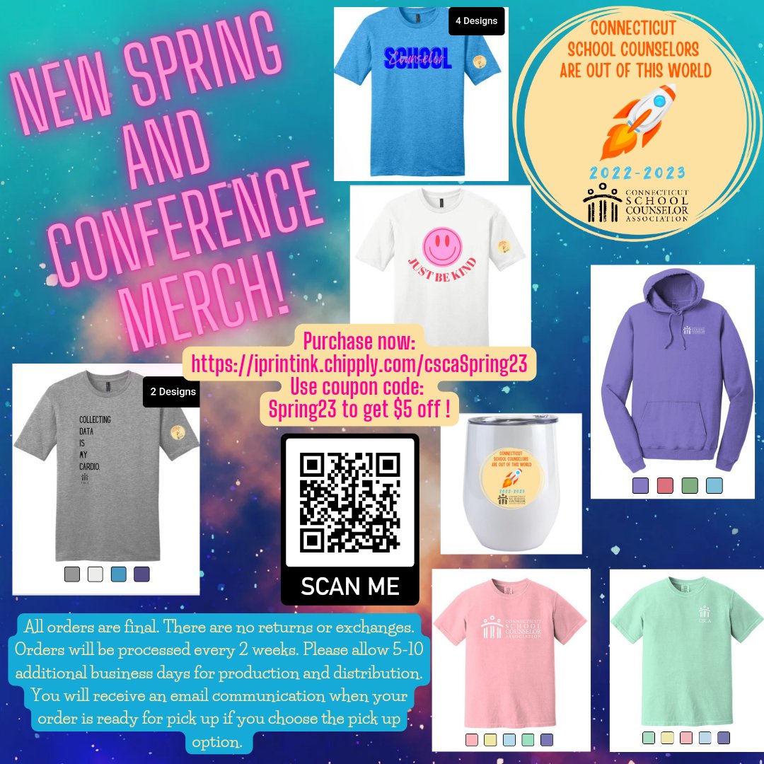 Lisa_Kilcourse's tweet image. @CSCA_Counseling merch is back &amp;amp; designed by yours truly. Code Spring23 for $5 off your total purchase 
All orders are final. No returns or exchanges. Orders processed every 2 weeks. Allow 5-10 additional biz days for production &amp;amp; distribution.
Order: iprintink.chipply.com/cscaSpring23/s…