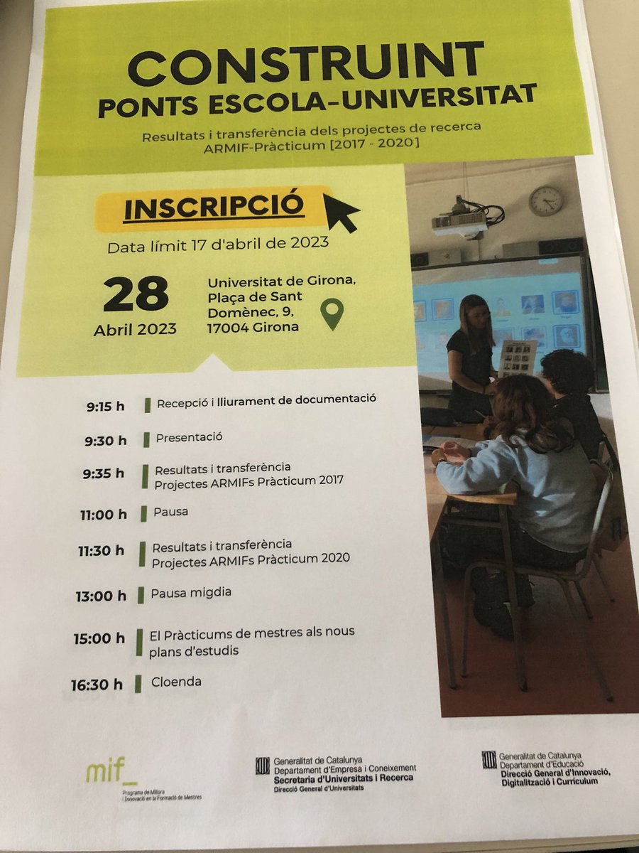 antoniportell's tweet photo. Avançant en la formació inicial dels mestres tot enfortint el triangle universitat-escoles-estudiants. Compartim experiències dels diferents #ARMIF dins del marc del @ProgramaMIF.
@educaciocat @UVic_FETEP https://t.co/bWAUneBAL4