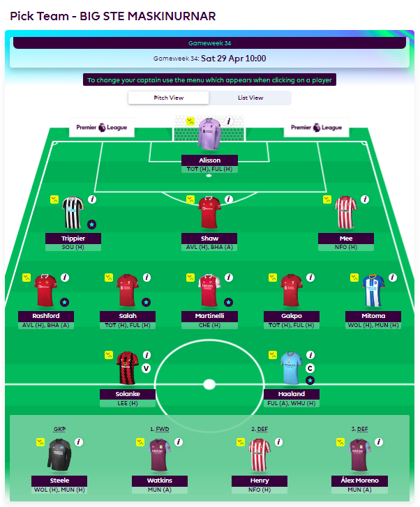 GW34 TRIPLE CAPTAIN Nýi Dr. FPL liðið er klárt 🔒 

8.2k overall.

Ég ætla að beita hinum magnaða triple captain.

3️⃣3️⃣3️⃣ HAALAND 3️⃣3️⃣3️⃣

3 transfers sem þýðir að ég byrja í -8 holu

Rashford, Salah og Solanke 🟩
Saka, Ödegaard og Kane 🟥

Business end of the season. Lets get it.