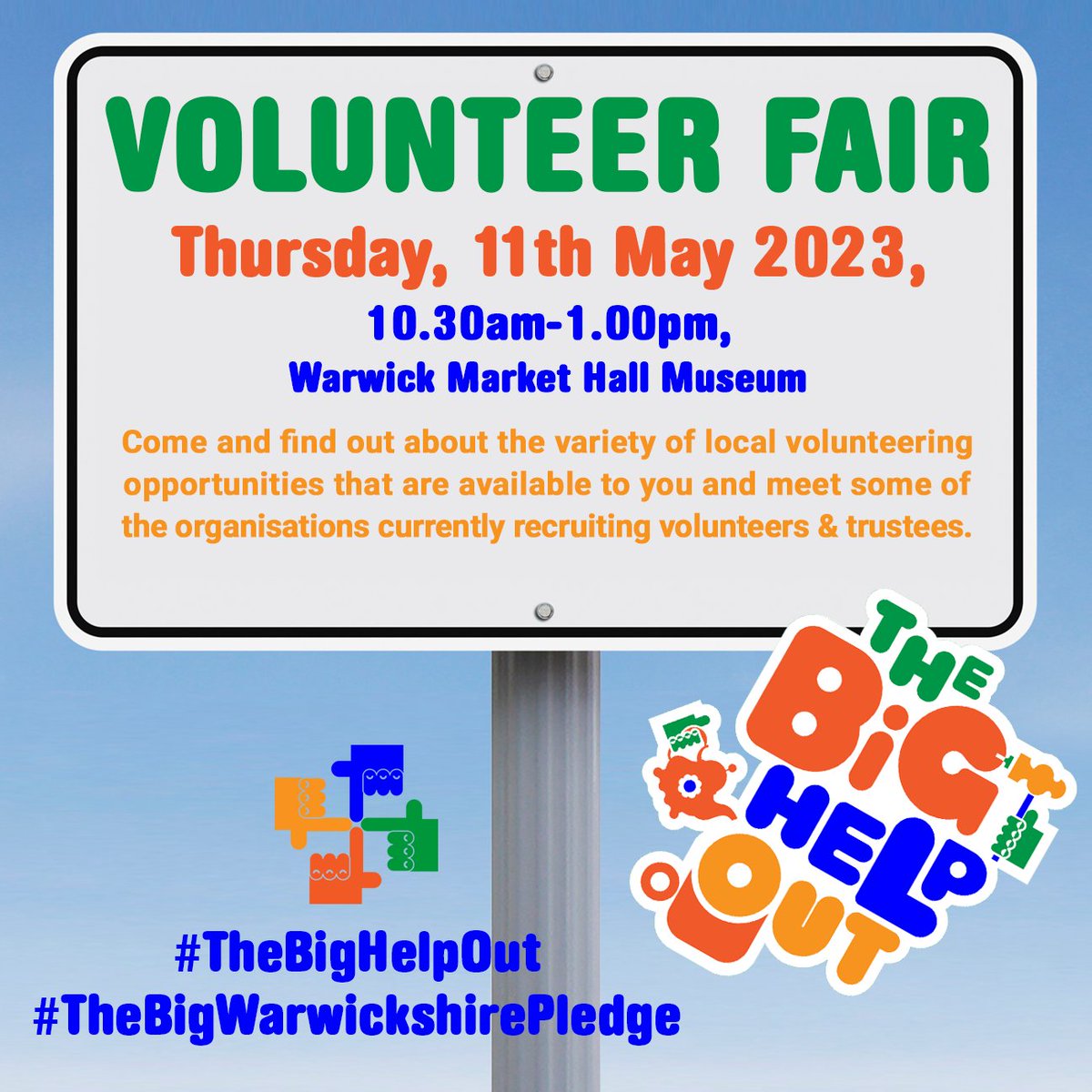 Join us on Thursday, 11th May 2023 for our Volunteer Fair, and discover some of the many opportunities to give back to your community.

📅 Thursday, 11th May 2023
🕥 10.30am-1.00pm
📍 Warwick Market Hall Museum,

#TheBigHelpOut
#TheBigWarwickshirePledge