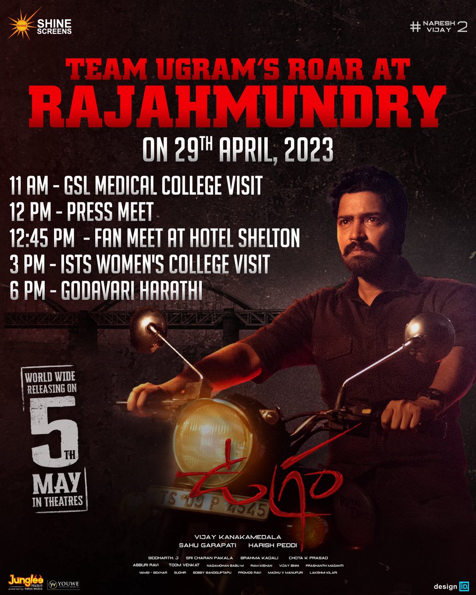Get ready Rajahmundry! Let us a have a memorable day tomorrow.

Team #Ugram is excited to see you all ❤️

#UgramOnMay5th 
<a href="/mirnaaofficial/">Mirnaa</a> <a href="/DirVijayK/">Vijay Kanakamedala</a> <a href="/sahugarapati7/">Sahu Garapati</a> <a href="/harish_peddi/">Harish Peddi</a> <a href="/SricharanPakala/">Sricharan Pakala</a> <a href="/Shine_Screens/">Shine Screens</a>