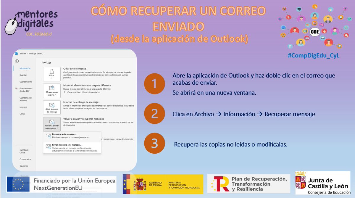 📤¿Alguna vez has enviado un correo y se te ha olvidado adjuntar el archivo? 

👁️Aprende a anular el envío desde Outlook. Podrás recuperar las copias si aún no han sido leídas. 

👏¡Puedes anular el envío o modificar el contenido del correo!

#CDE_Valladolid