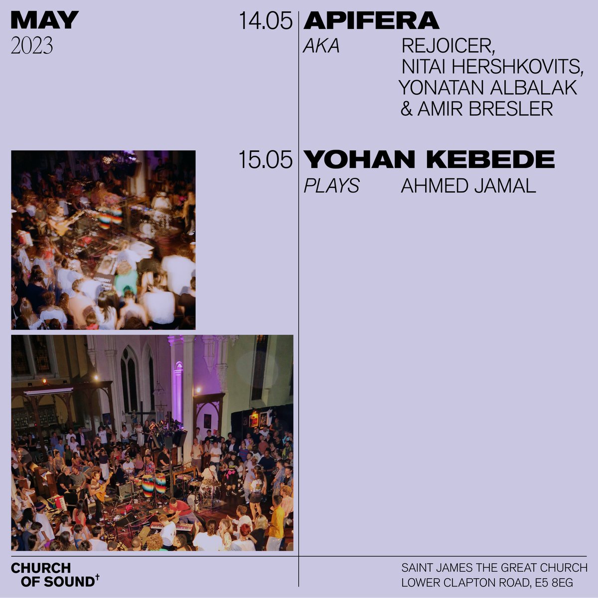 Apifera &amp; Yohan Kebede plays Ahamad Jamal shows dropped yesterday to mailing list &gt; 2/3rd of tickets are gone!

thanks so much to everyone supporting and thanks to the artists for trusting us to help them build

churchofsound.co.uk/tickets/

CoS xoxo