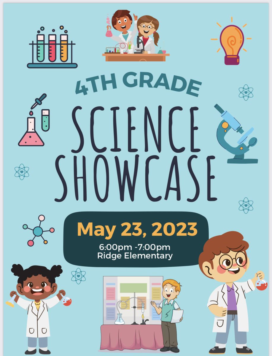 Save the date for @PrideRidge’s 4th grade Science Showcase on May 23 from 6-7pm! You don’t want miss our young scientists showing their experiments, investigations, and findings! #science #STEM