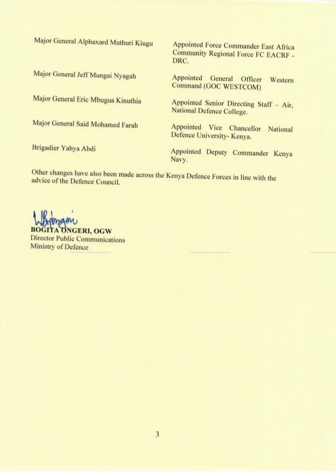 Promotions and postings within the Kenya Defence Forces