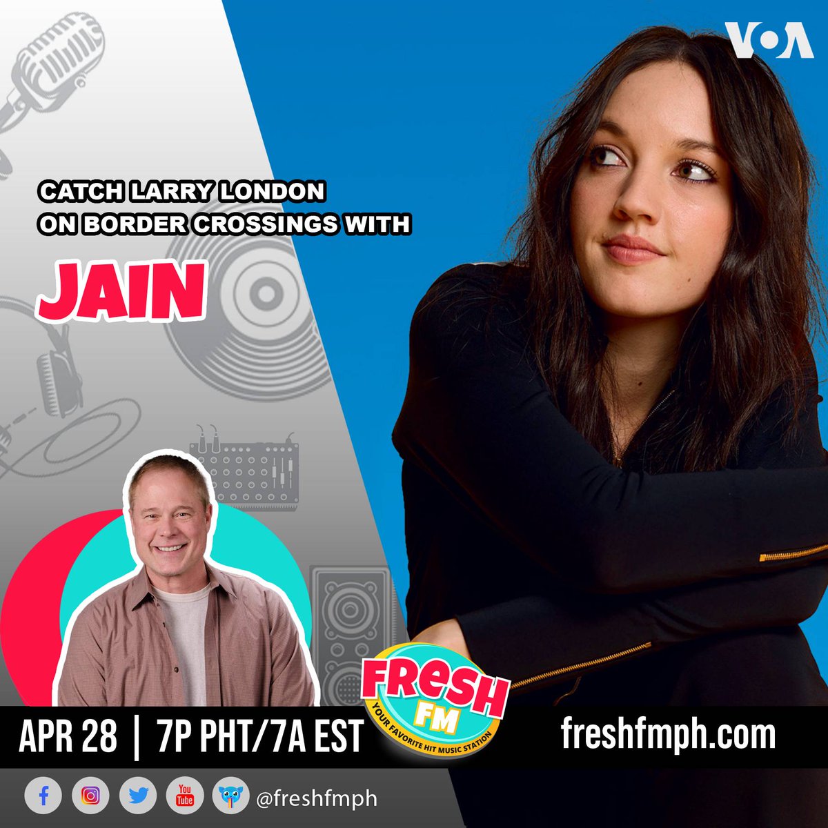 Tune in to <a href="/freshfmph/">FReSH FM</a> right now for @BCVOA with tonight's guest, French singer @Jainmusic!

#BorderCrossings #StayFReSH