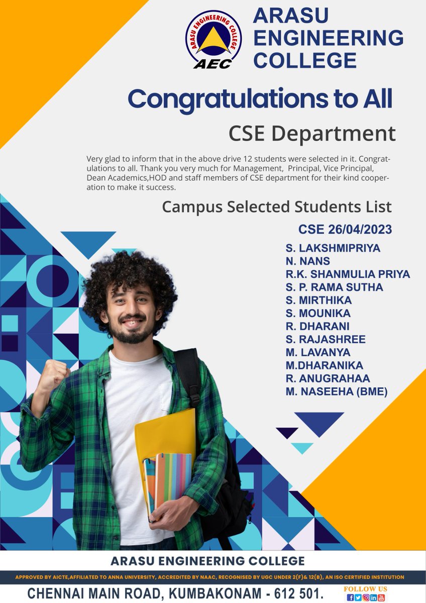 Very glad to inform that in the above drive 12 students were selected in it. Congratulations to all. 
Arasu Engineering College,
Chennai Mani Road ,Kumbakonam-612 501.

#Arasu_Engineering_College #kumbakonam #engineering #students #DiplomaCourses #Congratulations