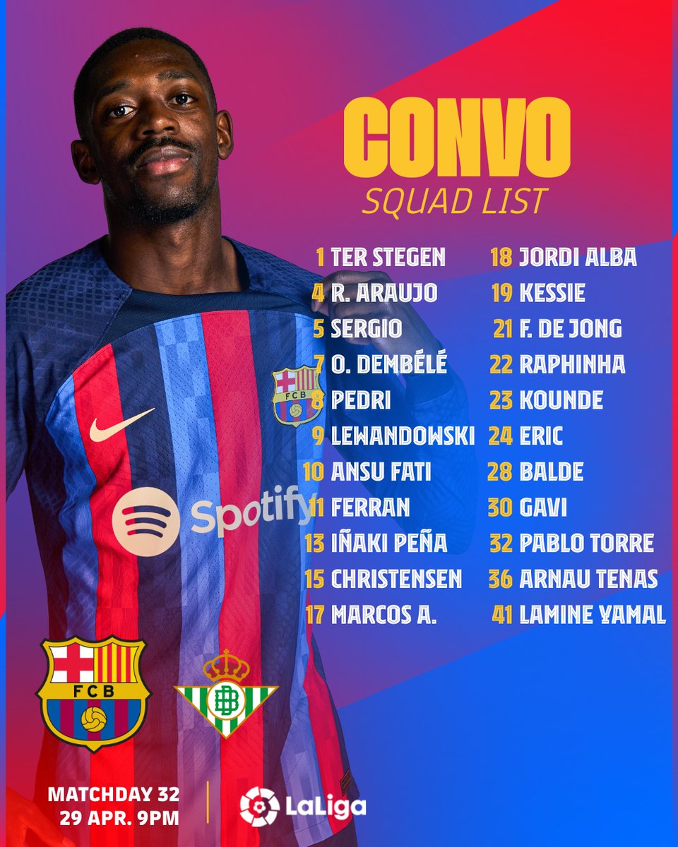 FCBarcelona's tweet photo. 🚨 SQUAD LIST 🚨 
#BarçaBetis https://t.co/ROtmGoOeQI