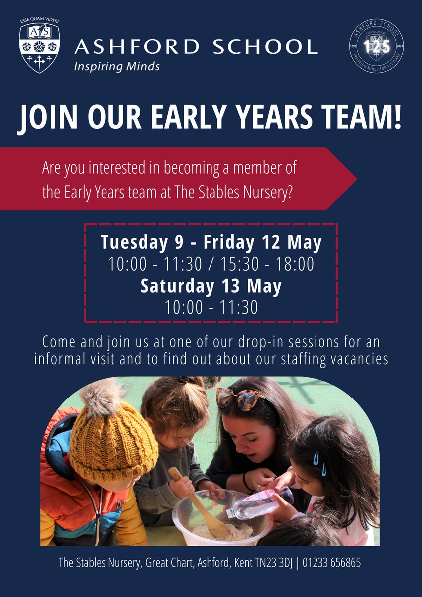 Are you interested in joining the Early Years team at The Stables Nursery? Please join us at one of our drop-in sessions to find out more!

#ashfordschool #ashfordprepschool #recruiting