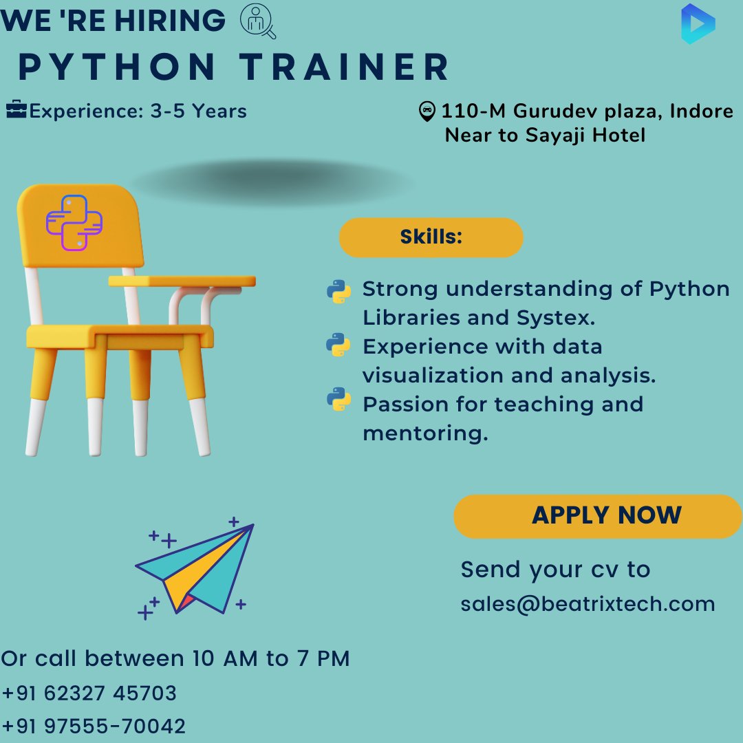 beatrixtech's tweet image. Calling all Python wizards! We're hiring a trainer to help us share the magic of Python with the world. I
Send your CV to: sales@beatrixtech.com
Call:- +91 62327-45703 or +91 99555-70042
#PythonTrainer #PythonTeacher #PythonExpert #PythonEducation #Hiring #JobOpening