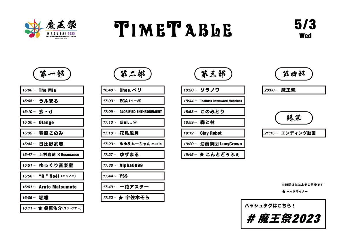 😈🕒タイムテーブル発表 🕒😈

魔王魂主催オンラインFES「魔王祭」
タイムテーブルを発表しました‼️

印刷用モノクロデータは公式HPよりDLできます📝✨当日は印刷してチェックしながら視聴しよう❤️‍🔥

#魔王祭
#魔王祭2023
#音楽祭
#オンラインフェス

■魔王祭公式HP
maou.audio/fes/