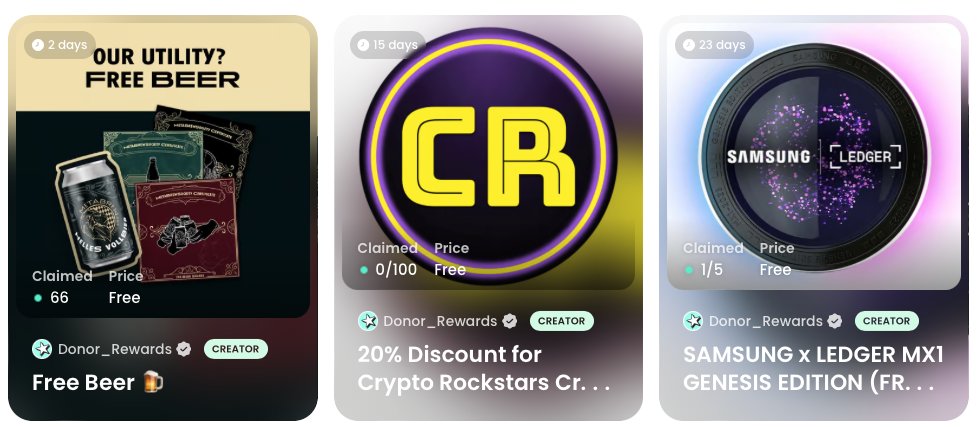 🚨 New Rewards Alert 🚨 

Some great projects are offering rewards to proven donors.

- -75% off <a href="/blockpit_io/">Blockpit - Crypto Tax & Tracking 📈</a>  (Crypto Tax) 
- free mint <a href="/SamsungDE/">Samsung Deutschland</a>  x <a href="/Ledger/">Ledger</a> 
- free beer from <a href="/metabrewsociety/">MetaBrewSociety</a> 

Check out on @tropee_nft 

tropee.com/collection/aid…