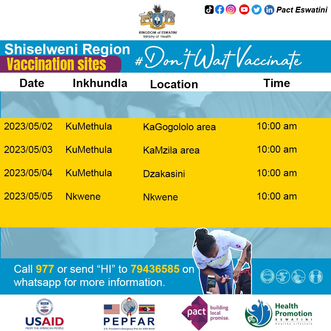 PEswatini's tweet photo. Here is our next week's vaccination schedules. Get your jab for COVID-19 vaccine @ the sites below. DM us for more  information and stay tuned for more updates📷📷📷📷📷 https://t.co/HC45XLNfVT