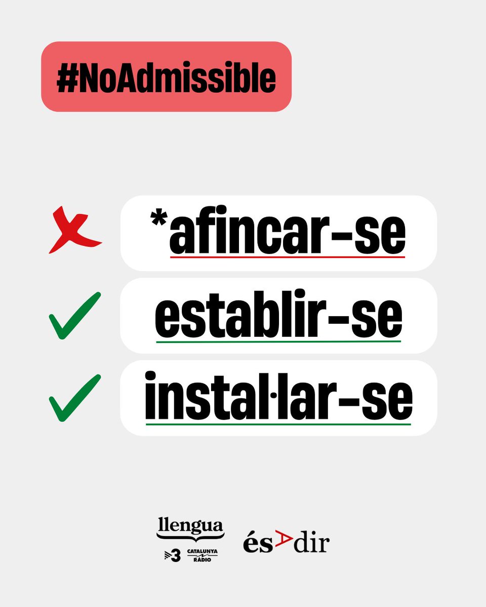 LlenguaTV3CR's tweet photo. +Així què, 't'has afincat' a Lleida?
-'Afincat'? Quina parida!
+Per què?
-Coi, en català diem 't'has instal·lat', 't'has establert', que 'resideixes' o 'vius' en un lloc concret!
🔗https://t.co/UffrnRXHof
#LlenguaTV3CatRàdio #NoAdmissible https://t.co/VbZ2Uoj5ZU