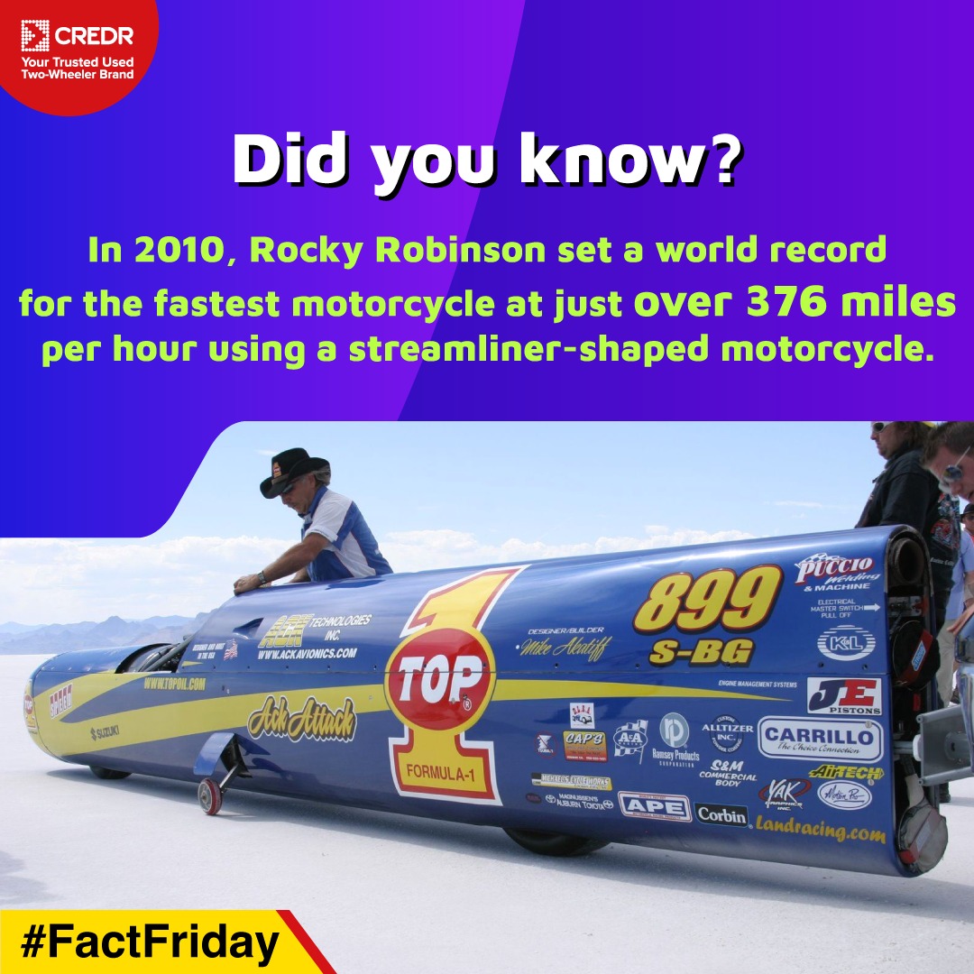 Did you know that in 2010, Rocky Robinson set the world record for the fastest motorcycle? With a top speed of just over 376 miles per hour, he achieved this feat using a steamliner- shaped motorcycle.

Stay tuned with CredR
#Friday #MotorcycleHistory #credr #Bike #records #facts