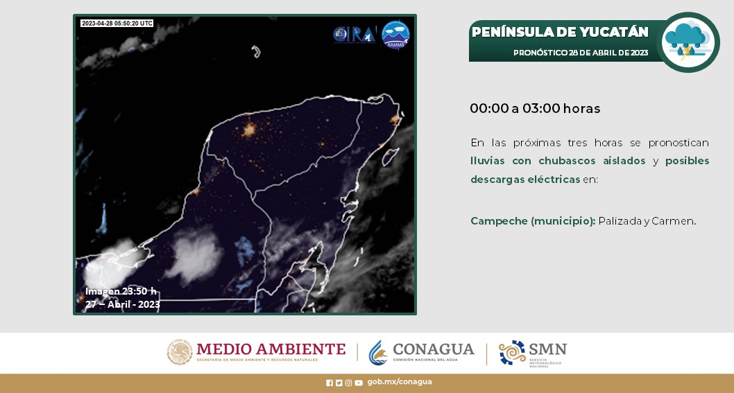 conagua_clima's tweet photo. En las próximas tres horas se pronostican #Chubascos y posibles #DescargasEléctricas en zonas de #Campeche. https://t.co/vpkuD6vZEJ