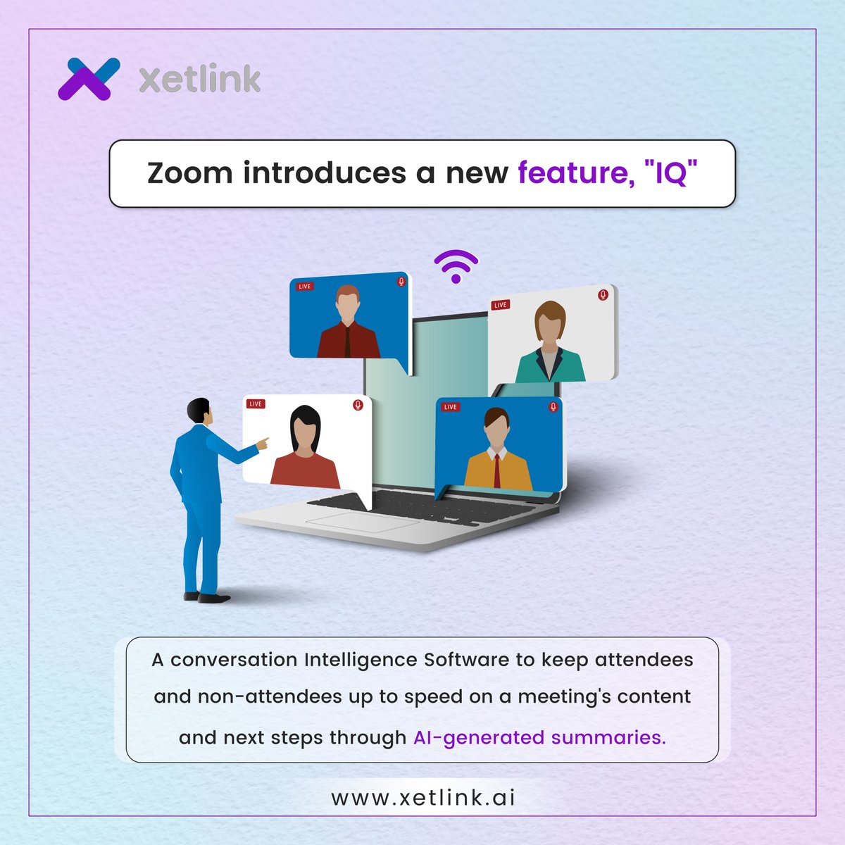 Xetlink_tech's tweet photo. Online-meeting platform Zoom has partnered with AI firm Open AI- the maker of ChatGPT to build a Zoom IQ✨

Zoom IQ is a feature that tracks visual, audio, &amp; chat-forum content of virtual meetings &amp; then summarizes topic threads &amp; creates content🚀

#zoom #zoomiq #xetlink https://t.co/63eq91nxIj