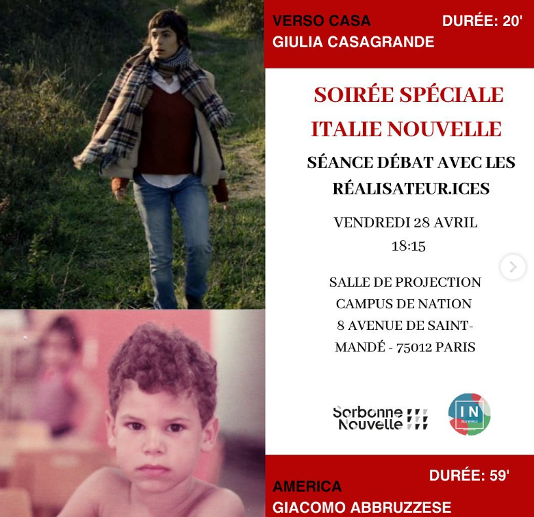 Sorbonne_Nvelle's tweet photo. #Cinéma 📅 28 avril ⏲️18h15📍 #CampusNation

Les étudiants du Master #IndustriesCulturelles #France #Italie vous invitent à la projection de deux courts métrages en présence des réalisateurs :
📽️America (2021) de Giacomo Abbruzzese
📽️Verso Casa (2022) de Giulia Casagrande https://t.co/JAubkEK0Af
