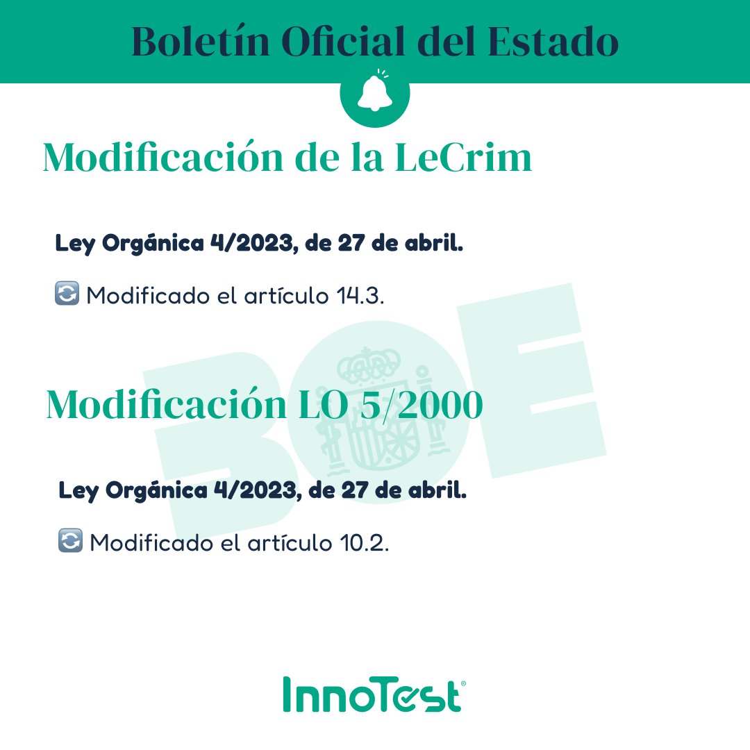 InnoTestES's tweet photo. 📢 ¡Atención, opositor! MODIFICACIÓN DEL TEMARIO OFICIAL

La Ley Orgánica 4/2023, de 27 de abril, modifica el Código Penal, la LeCrim y la LO 5/2000. Te contamos todo lo que tienes que saber sobre la nueva legislación. ¡Atento!👇

🌐https://t.co/hsBhHJqTGk

#InnoTest #oposiciones https://t.co/WACv5RgUcj