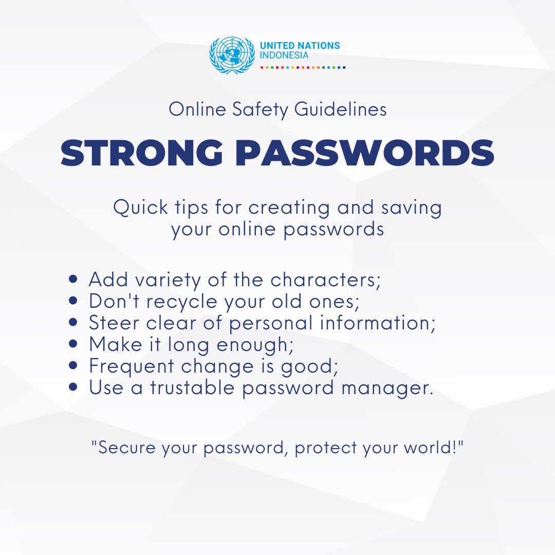 UNinIndonesia's tweet image. 🔒 Celebrating #WorldPasswordDay 2023! Strengthen your online security with tips from @UNinIndonesia on creating and saving strong passwords. Check out the image for more info! 🌐💪

#StaySafeOnline #PasswordTips #DigitalSecurity