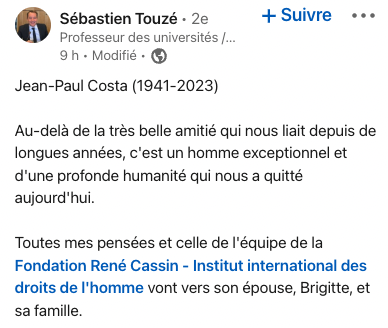 N_Hervieu's tweet photo. Jean-Paul Costa (1941-2023).

Il fut juge à la Cour européenne des droits de l'homme pendant treize ans (1998-2011). Dont quatre où il en fut le président (2007-2011).

Un homme dont l'excellence intellectuelle n'avait d'égale que l'humanité et la gentillesse. https://t.co/LcjUZH6Cw2