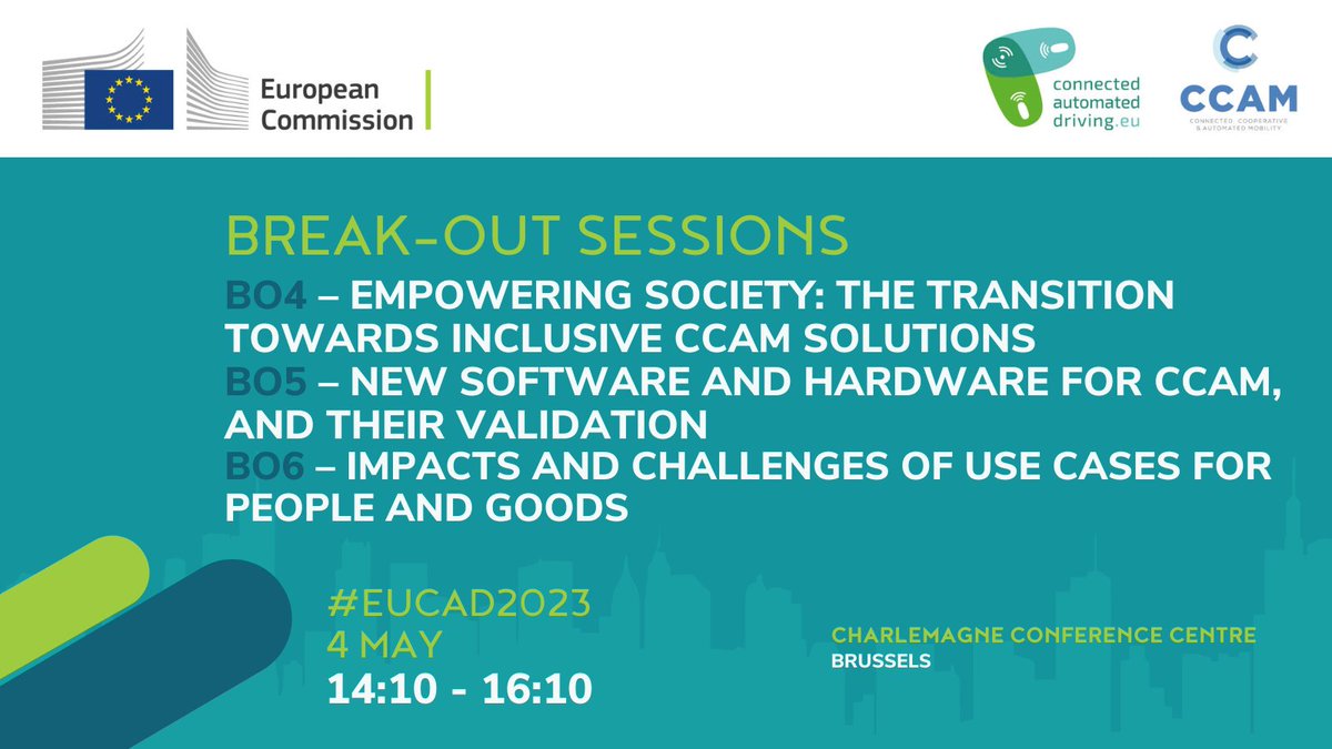 On 4 May, you will be able to choose between 3 breakout sessions at the #EUCAD2023. 

🧐 Which one will you attend? 👇

#CCAM #CCAMprojects #mobility #Transport #automatedmobility #automateddriving #EUTransportResearch #H2020 #HorizonEU