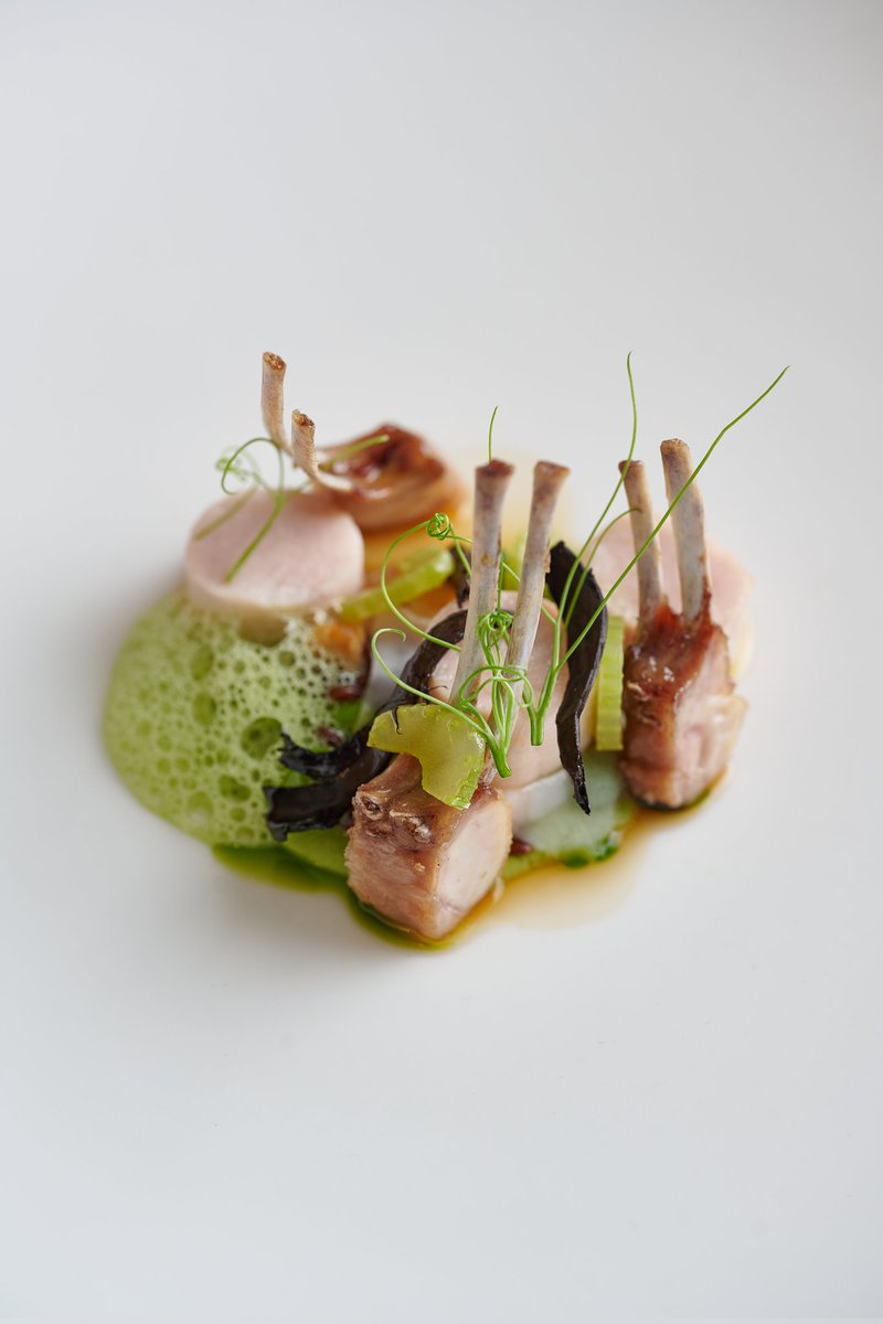 ~Game~ Loin and best end of rabbit, garden peas, celery and lovage, trompette mushrooms.