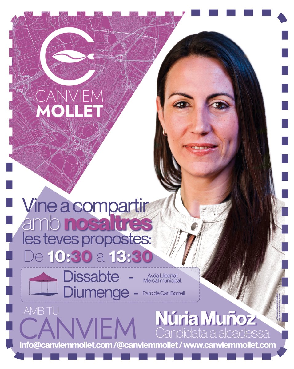 Arriba un nou cap de setmana i des de Canviem Mollet us proposem 2 espais per compartir les vostres propostes i explicar-vos el nostre projecte municipalista. Vine a veure'ns dissabte al Mercat Municipal i diumenge al parc de Can Borrell. T'esperem. #AmbTuCanviem #Mollet