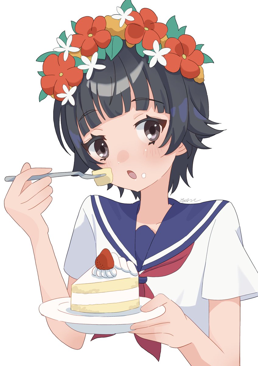 uiharu kazari 1girl solo food sakugawa school uniform cake black hair school uniform  illustration images