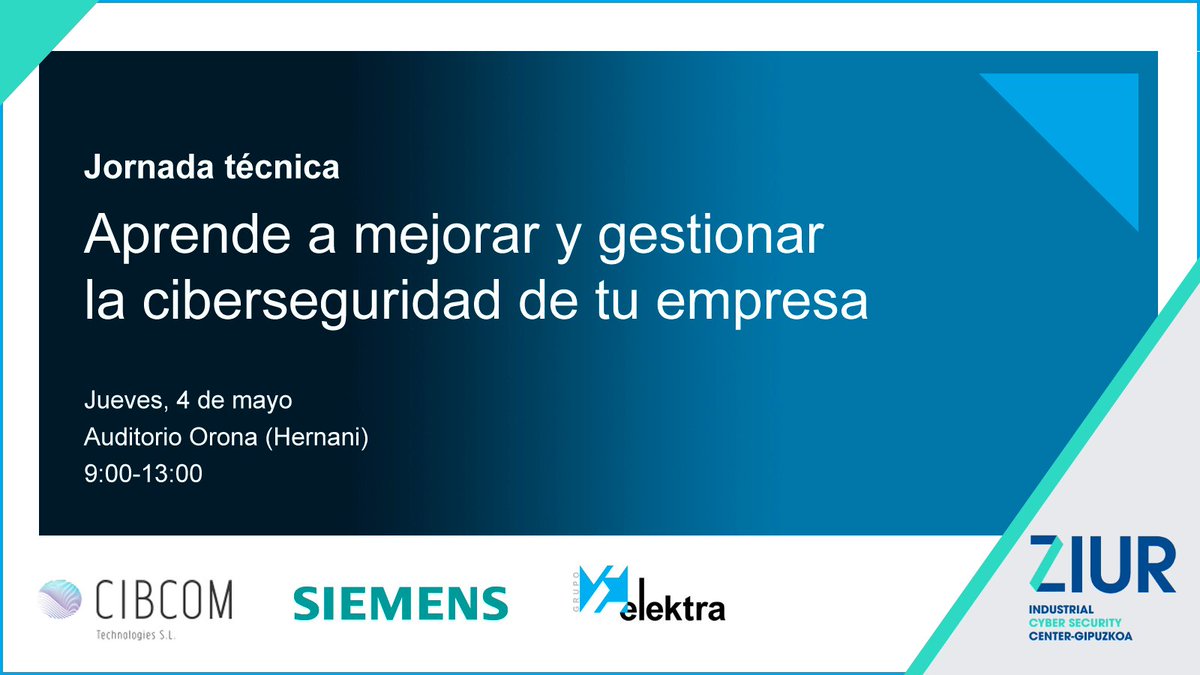 ZIUR Industrial Cyber Security Center – Gipuzkoa (@ziurfundazioa) on Twitter photo 📣¡Recuerda! El 4 celebraremos junto con #cibcomtech, <a href="/siemens_es/">Siemens España</a> y <a href="/elektragroup/">Grupo Elektra</a> una sesión de #ciberseguridad, en la que hablaremos sobre las normativas y estándares que afectan a la #industria guipuzcoana
🗓4/5/23
📍@Hernani
ℹ️labur.eus/007lU
✍🏻labur.eus/JTRUX 📣¡Recuerda! El 4 celebraremos junto con #cibcomtech, <a href="/siemens_es/">Siemens España</a> y <a href="/elektragroup/">Grupo Elektra</a> una sesión de #ciberseguridad, en la que hablaremos sobre las normativas y estándares que afectan a la #industria guipuzcoana
🗓4/5/23
📍@Hernani
ℹ️labur.eus/007lU
✍🏻labur.eus/JTRUX