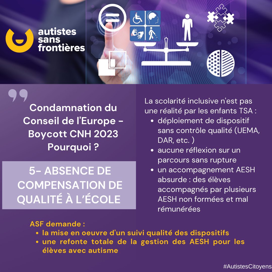 Boycott CNH du 26 avril 2023
7 raisons pour ASF - N°4 Habitat Inclusif et N°5 Scolarisation
#AutistesCitoyens #Thinkpositive #collectifhandicaps