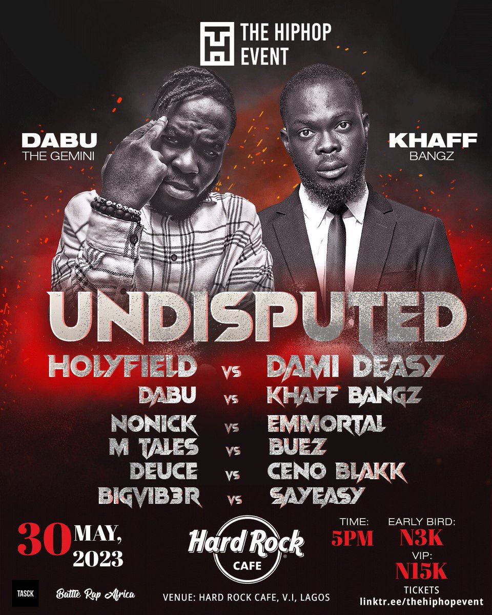 IF YOU LOVE BATTLE RAP THEN YOU FOR DAMN SURE WANT TO BE AT HARD ROCK CAFE ON THE 30TH OF MAY. 

ITS GONNA BE EPIC BRO!

GET YOUR TICKETS HERE FOR AS LOW AS 3K FOR REGULAR AND 15K FOR VIP. THEY ARE ALL SELLING FAST. 

linktr.ee/thehiphopevent

ITS THE GEMINI BABY!!!