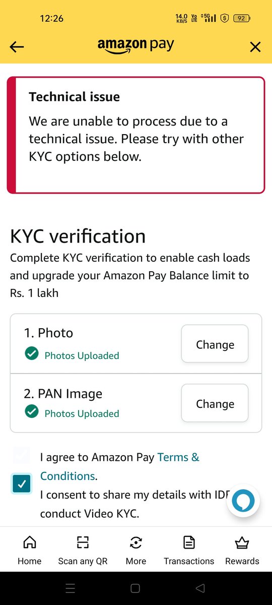 karthickvr's tweet photo. @amazonIN can you please help in KYC verification. Facing error past 3 days. https://t.co/FdkzeU5i3Z