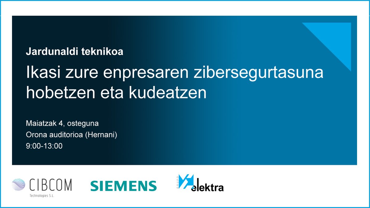 ZIUR Industrial Cyber Security Center – Gipuzkoa (@ziurfundazioa) on Twitter photo 📣Gogoratu! 4an, #cibcomtech, <a href="/siemens_es/">Siemens España</a> eta <a href="/elektragroup/">Grupo Elektra</a>-ekin batera, #zibersegurtasun saio bat antolatuko dugu, tokiko #industriari eragiten dioten araudi eta estandarrei buruz hitz egiteko
🗓2023/5/4
📍Hernani
ℹ️labur.eus/VXEEx
✍🏻Izen ematea🔗labur.eus/JTRUX 📣Gogoratu! 4an, #cibcomtech, <a href="/siemens_es/">Siemens España</a> eta <a href="/elektragroup/">Grupo Elektra</a>-ekin batera, #zibersegurtasun saio bat antolatuko dugu, tokiko #industriari eragiten dioten araudi eta estandarrei buruz hitz egiteko
🗓2023/5/4
📍Hernani
ℹ️labur.eus/VXEEx
✍🏻Izen ematea🔗labur.eus/JTRUX