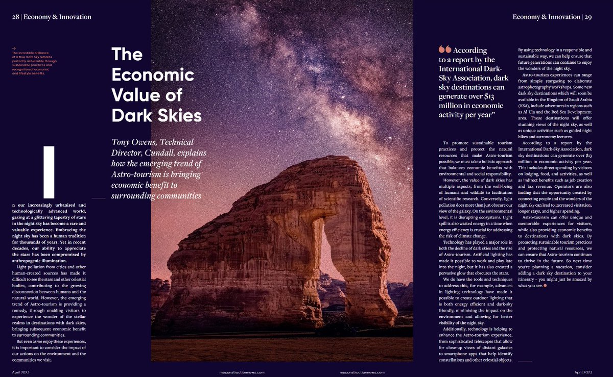 Tony Owens, Technical Director has been featured by @MEConstructionN, explaining how the emerging trend of #AstroTourism is bringing economic benefit to surrounding communities. Read the full article here: bit.ly/3LgRZDo #DarkSkies #SocialResponsibility
