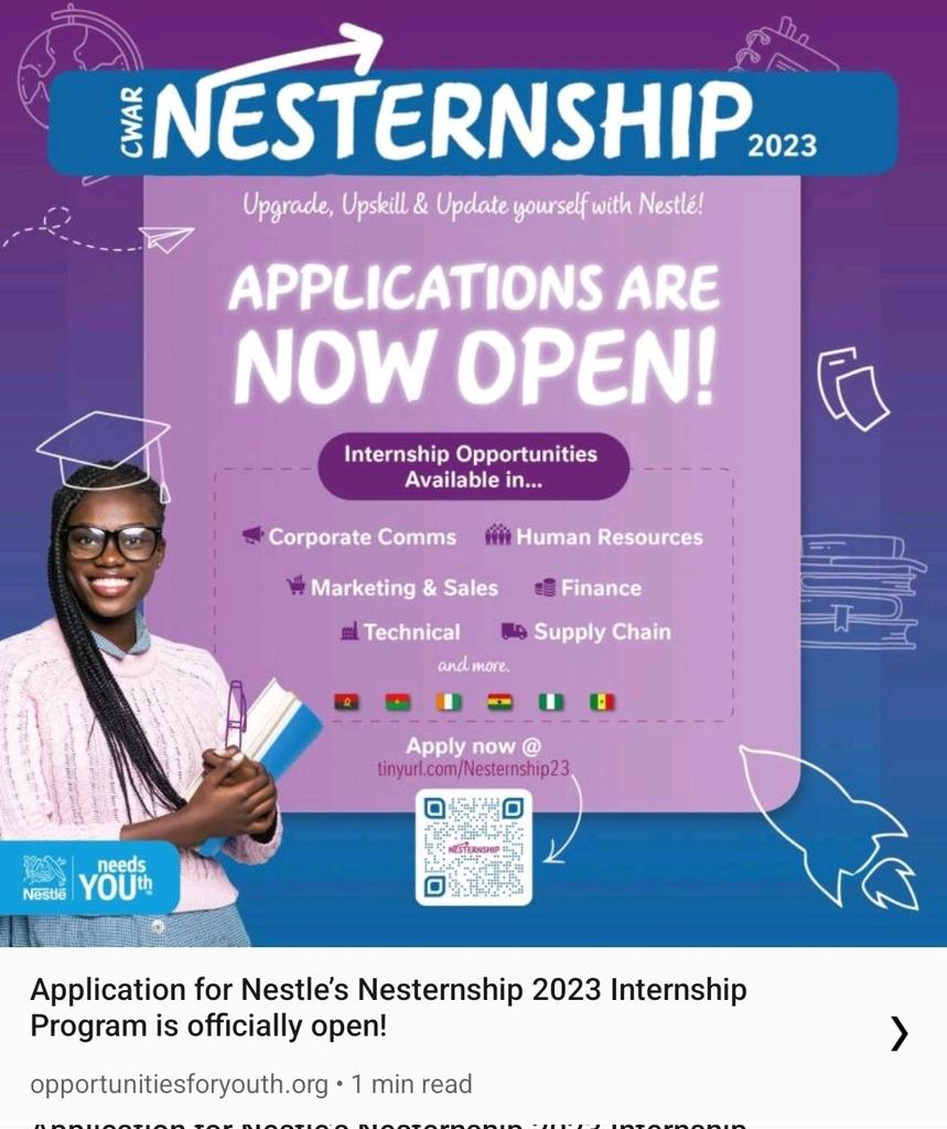 📣 Nesternship 2023 is officially open for applications! 🚀

Apply now 👉👉🏾 bit.ly/3Mv9H8E 

#Nesternship2023 #DigitalSkills #InternshipExperience #NestleNeedsYOUth #BeAForceForGood #experience #career #learning #future #network #opportunity #youth #internship