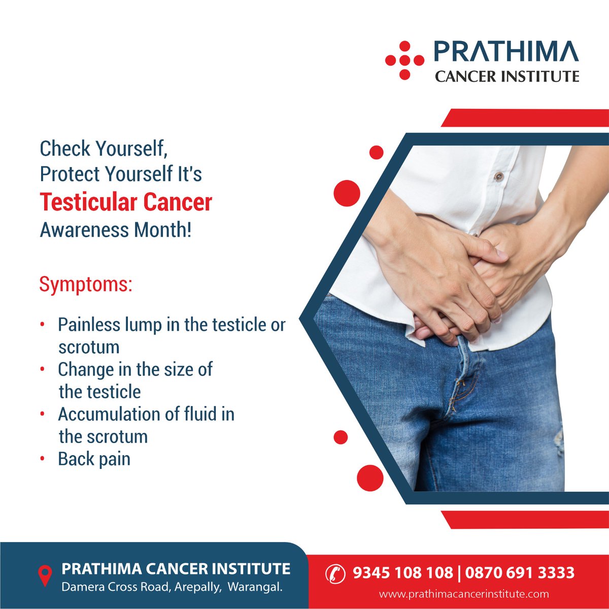 PCIWarangal's tweet image. Check yourself, Protect yourself.
It&apos;s #TesticularCancerAwarenessMonth!

Symptoms:
• Painless lump in the testicle or Scrotum
• Change in the size of the testicle 
• accumulation o fluid in the Scrotum
• Back Pain

#TCAM #TesticularCancerAwareness #BeatTesticularCancer #PCI