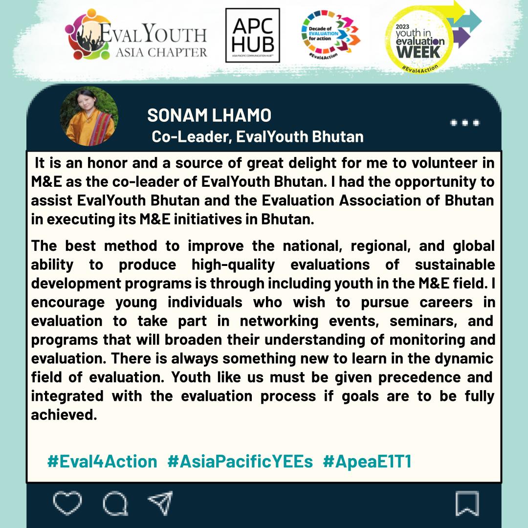 'There is always something new to learn in the dynamic field of evaluation,' says Ms. Sonam Lhamo from team @BhutanEvalyouth 

#APCHub #Eval4Action #YouthInEvalWeek #AsiaPacificYEEs @EvalyouthAsia @unfpa_eval @Eval_Youth @APEAeval