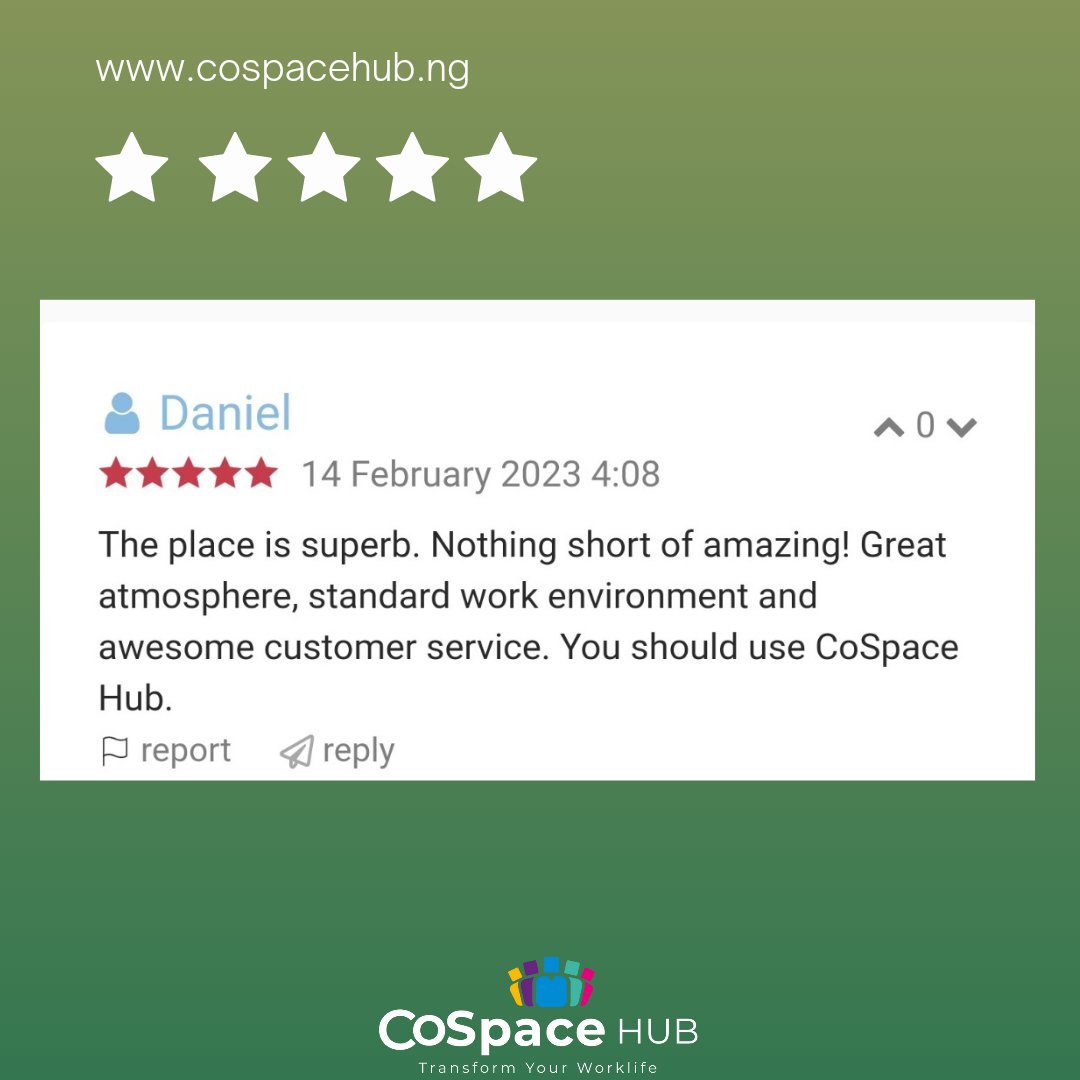 cospacehubng's tweet photo. If you've worked from  @cospacehubng, comment with 👍🏾

Affordable and comfortable work spaces are available @cospacehubng

Do check us out today 😁

Deborah| With 10k| Looting | Airport |Iyanya|Charm 

#cospacehubng #transformyourworklife #coworkingibadan
#EndSARS
#GirlsinICT https://t.co/nhkcY6koRZ